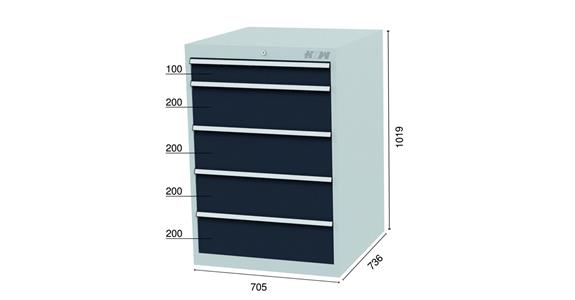 Schubladenschrank 5 Schubladen 7035/7016 1x100, 4x200mm-BTH 705x736x1019mm