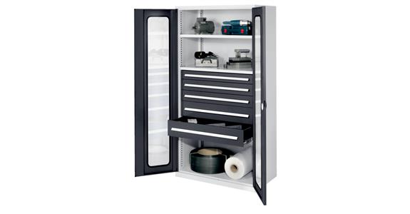 Schwerlastschrank H1950xB1000xT600mm 2Böden+5Schubladen Sichtfenster 7035/7016