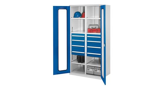 Schwerlastschrank H1950xB1000xT600mm 6Böden+8Schubladen Sichtfenster 7035/5010