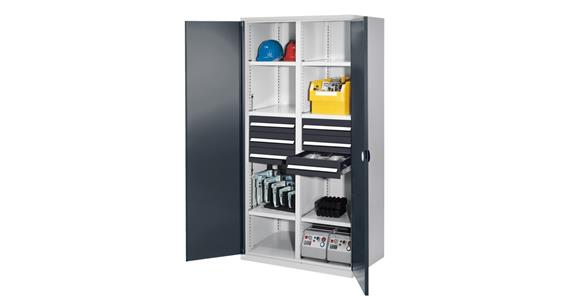 Schwerlastschrank H1950xB1000xT600mm 6Böden+6Schubladen Vollblechtüren 7035/7016