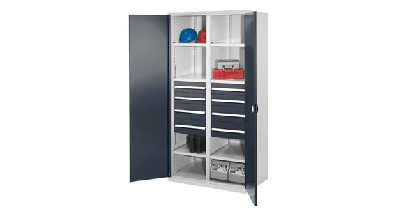 Schwerlastschrank H1950xB1000xT600mm 6Böden+8Schubladen Vollblechtüren 7035/7016