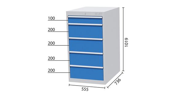 Schubladenschrank 5 Schubladen 7035/5012 1x100, 4x200mm 555x736x1019mm