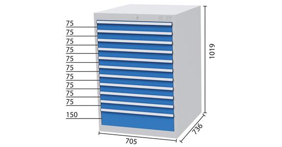 Schubladenschrank 11Schubladen 5012 10x75, 1x150mm-BTH 705x736x1019mm