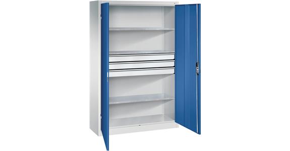 Großraum-Werkzeugschrank 1950X1200X400 RAL7035/5010 Schubladen mittig