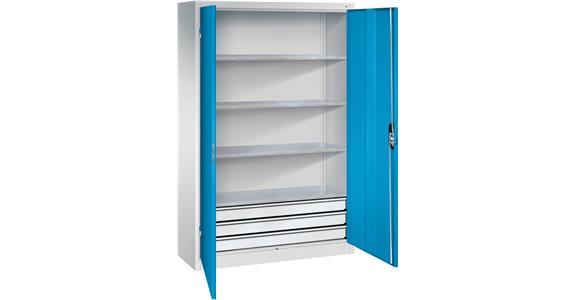 Großraum-Werkzeugschrank 1950x1200x400 RAL7035/5012 Schubladenblock unten