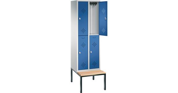 Doppelstöckiger Garderobenschrank 2Abteile m. Sitzbank RAL7035/5010 2090x610x500