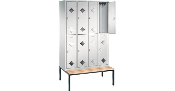 Doppelstöckiger Garderobenschrank 4Abteile m.Sitzbank RAL7035/7035 2090x1190x500