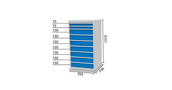 Schubladenschrank 9 Schubladen 7035/5010 2x75, 7x150mm-BTH 705x736x1319mm