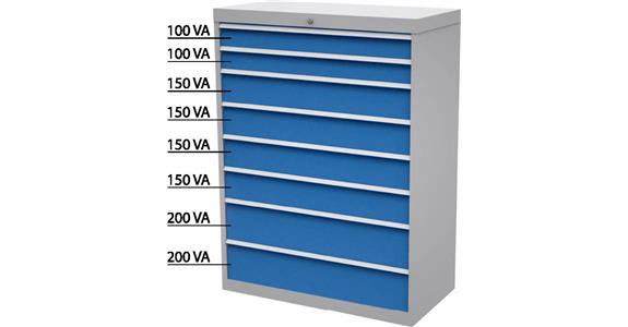 Schubladen-Werkzeugschrank 8 Schubladen Vollauszug 100%/50kg RAL 7035/5012