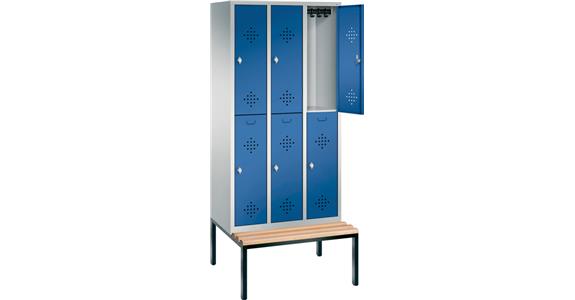 Doppelstöckiger Garderobenschrank 3 Abteile Sitzbank RAL 7035/5012 2090x900x500