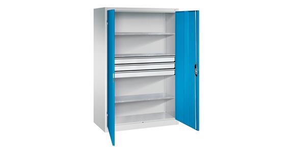 Großraum-Werkzeugschrank 1950x1200x600 RAL7035/5012 Schubladenblock mittig